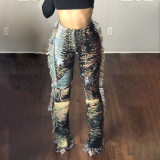 2021 casual fashion color pattern fringed velvet pants