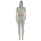 Sleeveless Padded Shoulder Hoodie and Velvet Casual Sports Two-Piece Pants Set