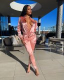 Fashion casual solid color shiny long sleeve two-piece suit