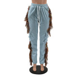Casual fashion solid color three-dimensional pocket lace-up fringed trousers