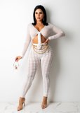 Sexy houndstooth mesh gauze V-neck exposed waist two-piece nightclub   (Excluding metal chain, bottom pants)