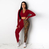 Autumn fashion casual stitching leopard print sexy hooded two-piece suit