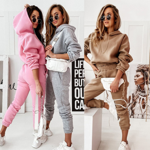 Autumn and winter temperament simple self-cultivation solid color hooded long-sleeved casual two-piece set