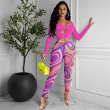 Two-piece suit of solid color blouse and net gauze printed trousers