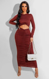 Sexy autumn and winter solid color pleated skirt long sleeves waistless long dress