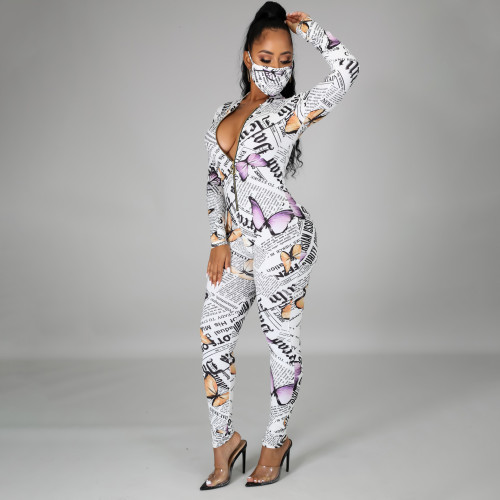 Autumn and winter clothing sexy newspaper printing personality round neck zipper jumpsuit