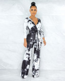 Autumn and winter print V-neck wide-leg jumpsuit with belt