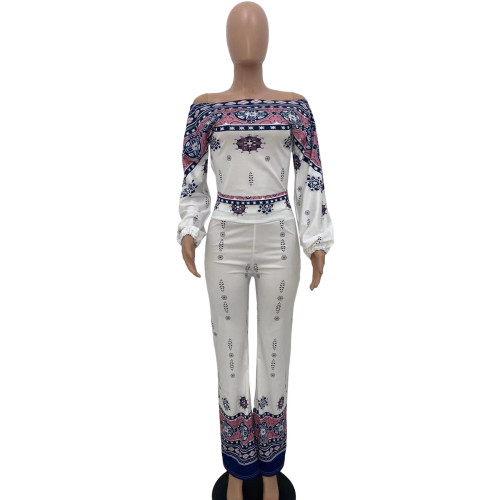 Positioning printed flared pants casual two-piece suit