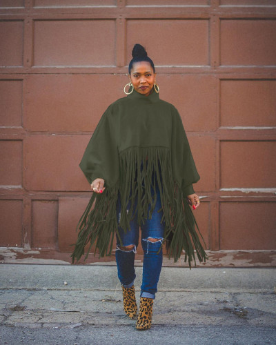 Fashion solid color long-sleeved fringed top