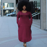 Plus Size Women's Solid Color Hooded Bilateral Pocket Slit Dress