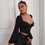 V-neck Puff Sleeve Solid Color Sexy Navel Long Sleeve Top