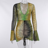 Long-sleeved bag hip skirt autumn new sexy V-neck drawstring wheat ear net dress