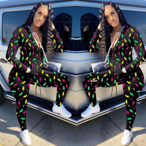 Fashion street nightclub print casual long-sleeved trousers two-piece suit