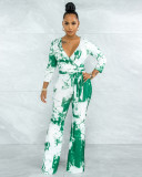 Autumn and winter print V-neck wide-leg jumpsuit with belt