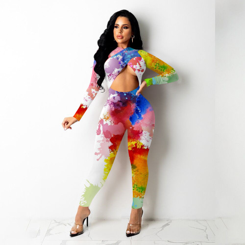 Starry sky colorful inkjet printing sexy skinny jumpsuit with navel exposed