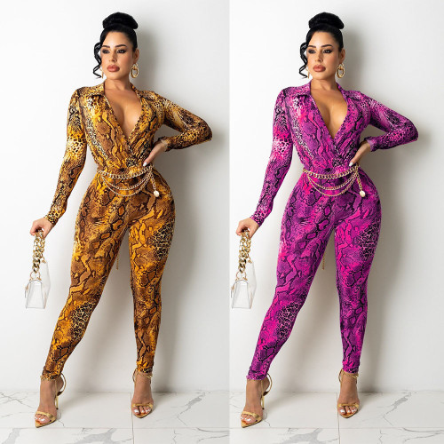 Autumn fashion sexy snake print one-piece long-sleeved two-piece suit