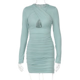 Round neck long sleeve hollow hedging tight-fitting bag hip dress