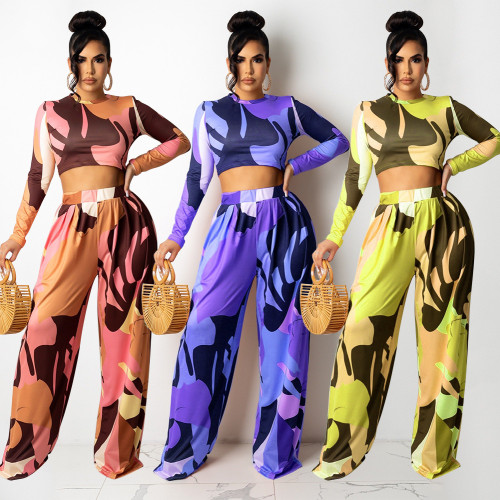 Fashion casual long-sleeved flared pants wide-leg pants digital printing two-piece suit