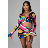 Fashion sexy print long-sleeved short three-piece suit