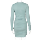Round neck long sleeve hollow hedging tight-fitting bag hip dress