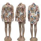 Shirt skirt with belt, fashion retro print lapel buttoned long sleeves