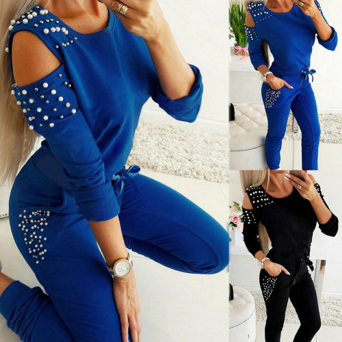 Off-the-shoulder sexy nail beads solid color sports round neck long sleeve suit