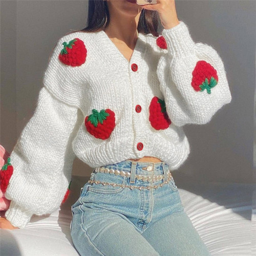 2021 autumn winter new women's fashion design single breasted V-neck knitted cardigan strawberry long sleeve sweater