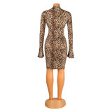 Fashion sexy leopard print long sleeve flared sleeve shirt dress