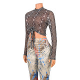 Fashion sexy mesh see-through snake print long-sleeved top