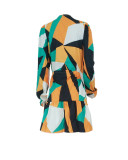 Fashion geometric print long-sleeved V-neck ruffle dress