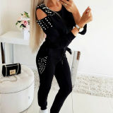 Off-the-shoulder sexy nail beads solid color sports round neck long sleeve suit