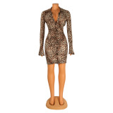 Fashion sexy leopard print long sleeve flared sleeve shirt dress
