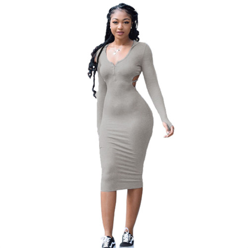2021 autumn new solid slim dress commuter versatile Hooded Dress