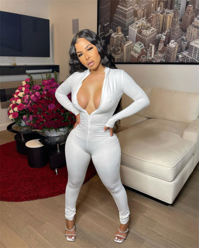 2021 autumn new white Long Sleeve Jumpsuit sexy tight solid color Jumpsuit