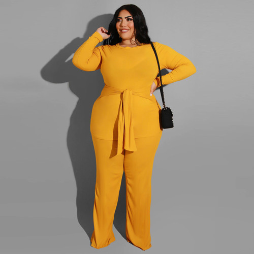 Autumn and winter 2021 pure color knitting fashion leisure two-piece set large women's suit
