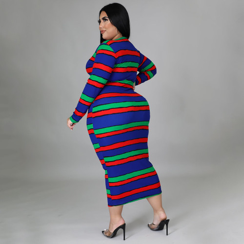 2021 autumn and winter casual pit strip long sleeve rib print Jumpsuit long skirt large women's wear