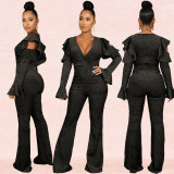 2021 autumn / winter women's sexy solid color V-neck Ruffle Jumpsuit