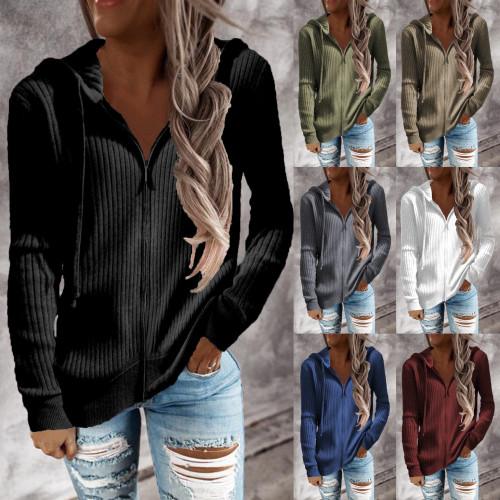 Autumn and winter 2021 new striped casual sweater loose sweater zipper cardigan long sleeve Hooded Sweater