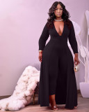 Aw2021 new large solid women's wear with long sleeved V-neck jumpsuit and skirt