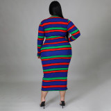 2021 autumn and winter casual pit strip long sleeve rib print Jumpsuit long skirt large women's wear