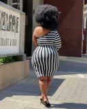 2021 autumn fashion large women's sexy striped one shoulder dress