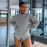 2021 autumn leisure solid color Street trendsetter long sleeve sweater lace shorts two-piece suit