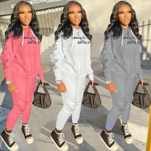 2021 autumn fashion solid color letter smiling face printed sweater hooded two-piece set
