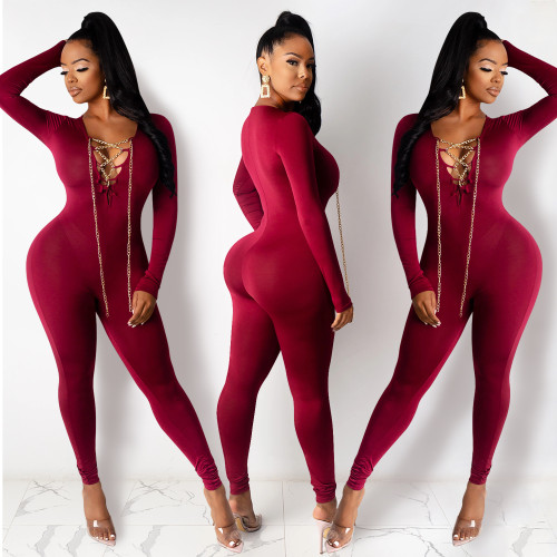 2021 autumn winter fashion sexy V-neck chain cross strap long sleeve tight one-piece pants
