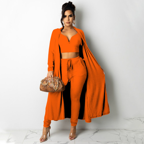 2021 long sleeve high crater strip solid color V-neck women's early autumn fashion three piece suit