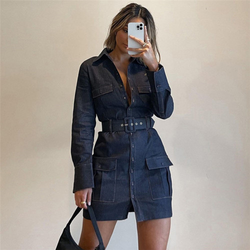 2021 autumn winter new women's single breasted long sleeve Lapel patch bag fashion casual denim dress