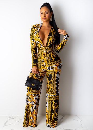 Autumn and winter pop 2021 sexy fashion shirt printed straight one-piece pants Jumpsuit