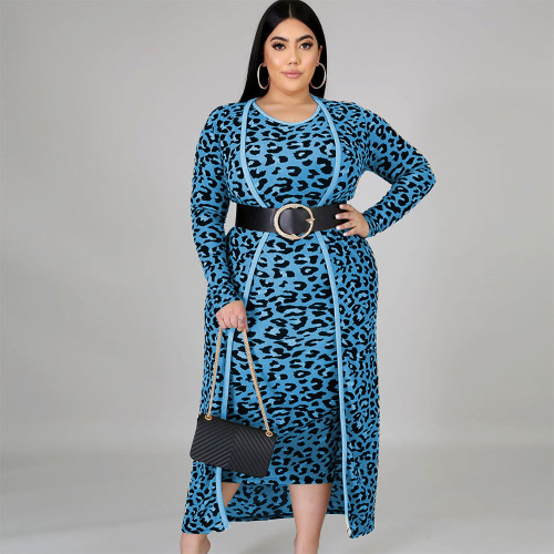 2021 autumn winter large women's casual Leopard Print Long sleeve coat vest skirt set（Without belt）