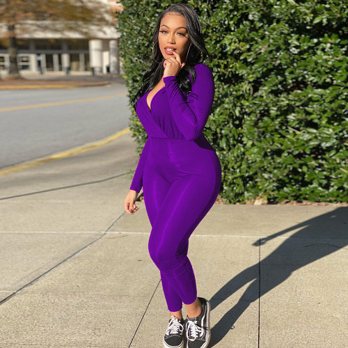 2021 autumn fashion women's long sleeve V-neck tight solid color Jumpsuit