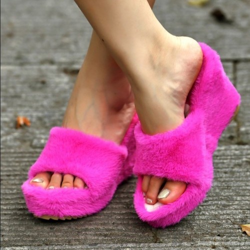 2021 fall/winter round head wedge heels plush shoes solid color slippers sexy high-heeled slippers